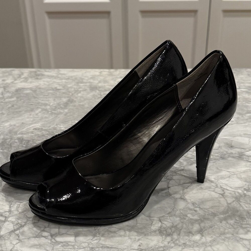 Moda Black Patent Leather Platform Heels Open Toe Size 7.5